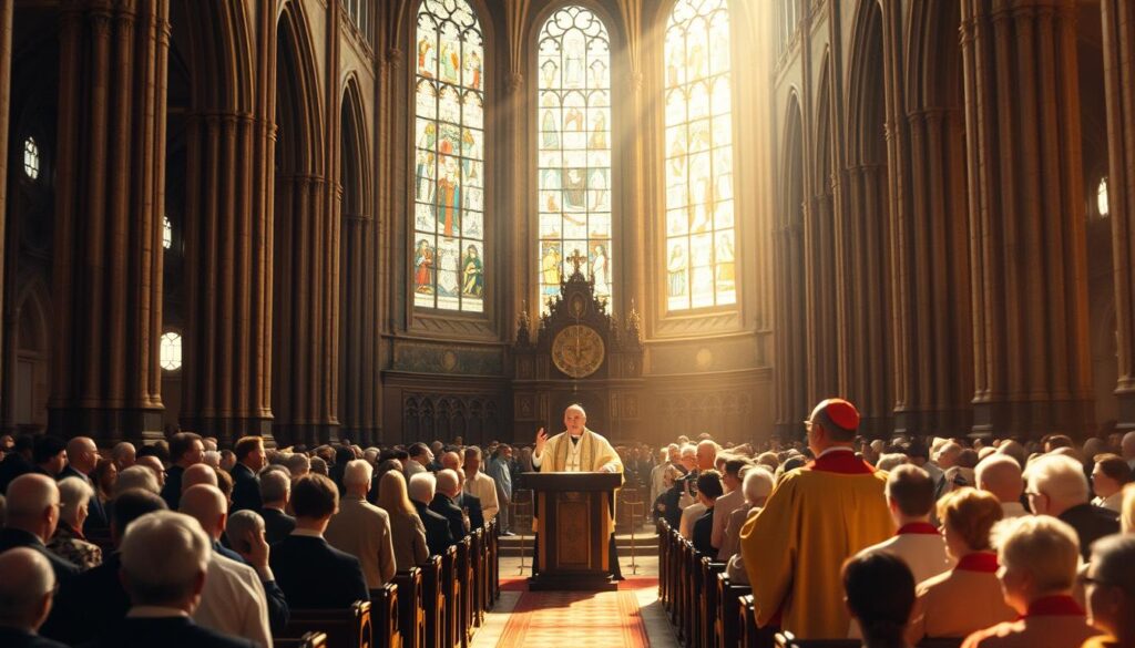 A grand cathedral interior, bathed in warm, filtered light streaming through stained glass windows. In the foreground, clergy in ornate vestments gather, engaged in thoughtful discussion. Worshippers fill the pews, expressions of contemplation and reverence. In the middle ground, a central podium stands, symbolizing the authority and traditions of the Church. Yet, an air of change permeates the scene, as the clergy gesture animatedly, suggesting a shift in the way the faith is being practiced and interpreted. The background fades into a hazy, dreamlike atmosphere, hinting at the far-reaching impact of the Second Vatican Council's reforms on the Catholic Church and its faithful.