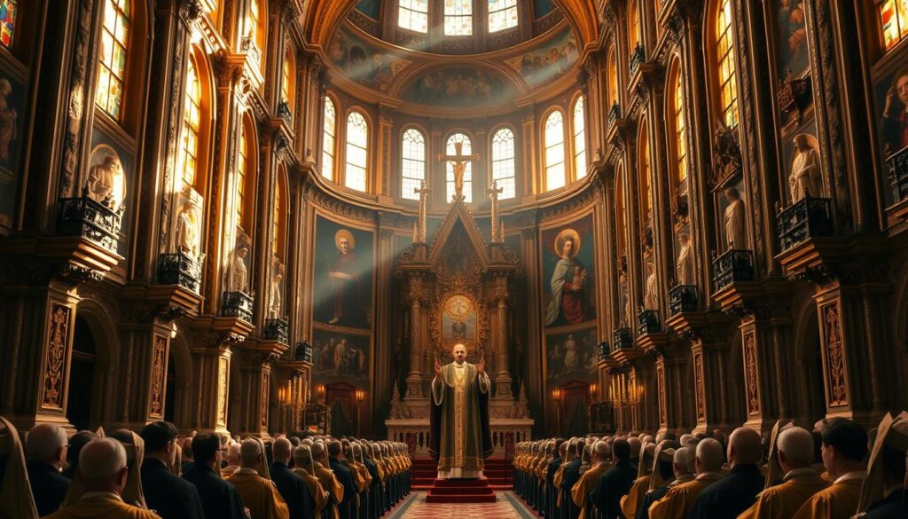 A grand cathedral interior, bathed in warm, golden light filtering through stained glass windows. In the ornate central altar, a robed papal figure stands, hands raised in benediction, radiating an aura of divine authority. Surrounding him, rows of elaborately dressed clergy kneel in reverence, their faces filled with solemn devotion. Intricate tapestries and frescoes adorn the walls, depicting scenes of religious significance. The architecture is a harmonious blend of Romanesque and Gothic styles, conveying a sense of timeless majesty and the weight of centuries of tradition. The overall atmosphere is one of reverence, power, and the unwavering influence of the papal office during the late antique and medieval periods.