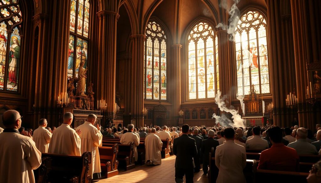 A grand cathedral interior, bathed in warm, golden light from stained glass windows. Ornate altars and statues of saints stand in reverence, surrounded by rows of wooden pews. Priests in flowing robes perform a solemn liturgy, their movements graceful and rhythmic. Incense wisps drift through the air, creating an atmosphere of mysticism and tranquility. Congregants kneel in prayer, their faces reflecting a deep sense of devotion and connection to the sacred traditions unfolding before them. The architecture and decor evoke a timeless, hallowed ambiance, capturing the essence of Catholic liturgical practices.