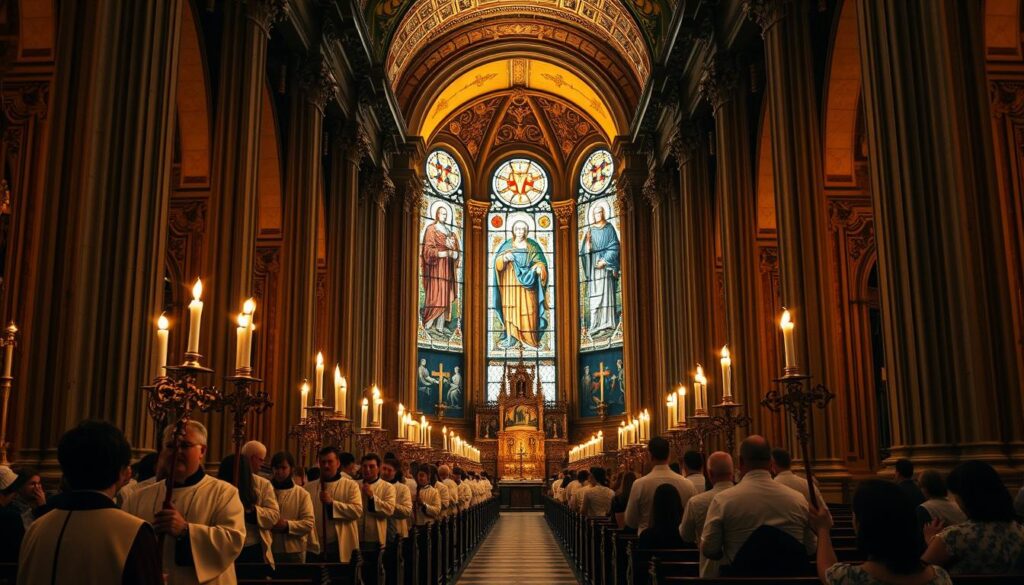 A grand cathedral interior bathed in warm, golden light, ornate columns and arched ceilings adorned with intricate religious iconography. In the foreground, a procession of robed clergy carrying ornate candles and crosses, their faces serene and reverent. Surrounding them, a congregation of worshippers in pews, heads bowed in prayer. In the background, towering stained glass windows depicting the likenesses of Catholic saints, their serene expressions conveying a sense of timeless spirituality. The atmosphere is one of solemn contemplation and profound devotion, capturing the essence of Catholic tradition and belief.