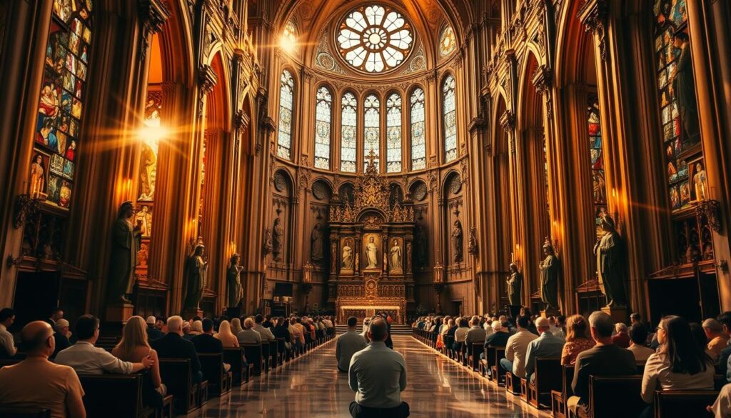 A grand cathedral interior bathed in warm, golden light. Ornate stained glass windows cast kaleidoscopic patterns across the polished marble floors. Intricate carvings and statues of religious figures line the walls, their expressions serene and contemplative. In the center, a massive altar stands as the focal point, its ornate tabernacle and candlesticks gleaming. Kneeling worshippers pay reverent homage, their faces uplifted in quiet contemplation. The atmosphere is one of profound spirituality, inviting the viewer to explore the depth and richness of Catholic beliefs.