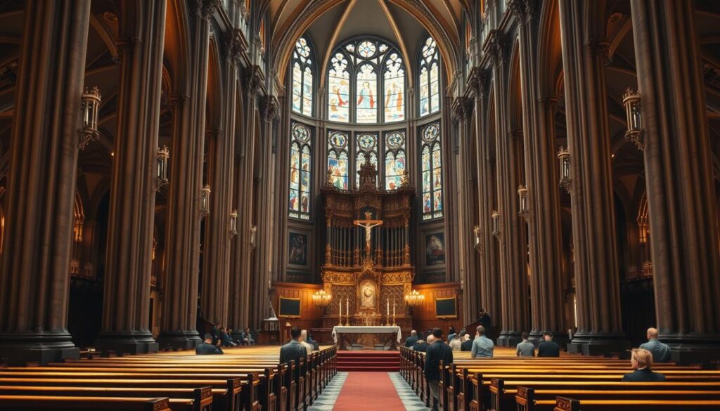 A grand cathedral interior, bathed in warm, reverent lighting. At the center, an ornate altar adorned with sacred symbols - chalices, candles, and a crucifix. Rows of wooden pews stretch out before it, as worshippers kneel in quiet contemplation. Stained glass windows cast a kaleidoscope of colors, evoking the holy sacraments - baptism, communion, confession, confirmation, marriage, and the anointing of the sick. Towering columns support the vaulted ceilings, their intricate carvings and mosaics depicting the stories of Catholic faith. An atmosphere of solemn reverence and timeless tradition pervades the scene, inviting the viewer to experience the rituals and beliefs at the heart of Catholicism.