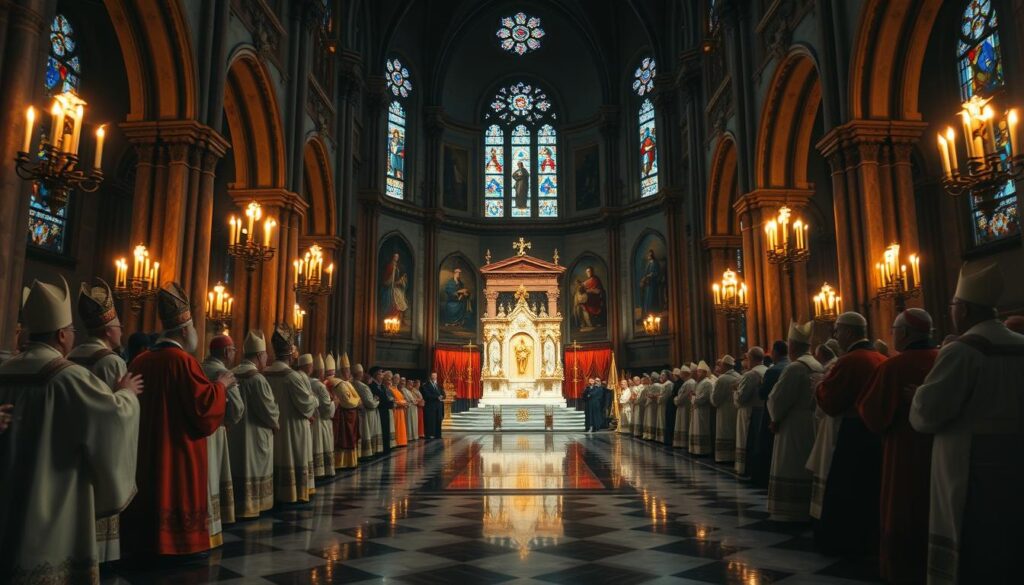 A grand cathedral interior, dimly lit by flickering candlelight, with intricate stone arches and stained glass windows casting multicolored patterns across the ornate marble floor. In the foreground, a procession of bishops and cardinals in resplendent robes and headpieces, symbolizing the evolution of the Catholic Church's hierarchy and governance over the centuries. The middle ground features an ornate throne, representing the papacy and the centralization of power within the Church. In the background, a series of frescoes or tapestries depicting key moments in the Church's history, tracing the development from its early beginnings to the present day. An atmosphere of reverence, tradition, and the weight of centuries-old legacy permeates the scene.