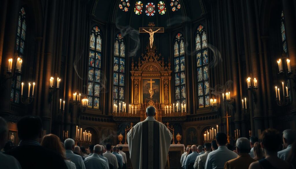 A grand cathedral interior, dimly lit by flickering candles and stained glass windows. The altar is adorned with intricate religious symbols - a crucifix, chalices, and ornate vestments. Swirling clouds of incense drift through the air, creating an atmosphere of reverence and mystery. In the foreground, a priest performs the solemn rituals of the Catholic Mass, his movements graceful and deliberate. The congregants, their faces transfixed, kneel in quiet contemplation, immersed in the timeless beauty and spiritual resonance of the liturgy.