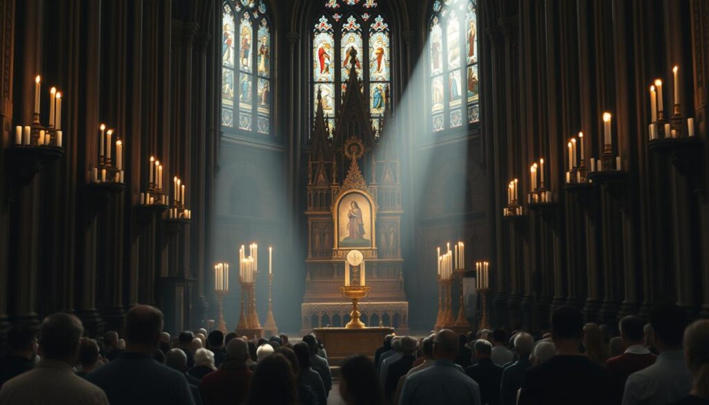 A grand cathedral interior, dimly lit by flickering candles and stained glass. At the center, an ornate altar with a golden chalice and host, the focus of Catholic Eucharistic worship. In the foreground, worshippers kneel reverently, heads bowed in solemn contemplation. The mood is one of profound spiritual devotion, the air thick with incense and the weight of ancient tradition. Soft beams of light pierce the shadows, illuminating the sacred rite unfolding before the congregation. A sense of timelessness pervades the scene, as if this ritual has been enacted countless times throughout the centuries.