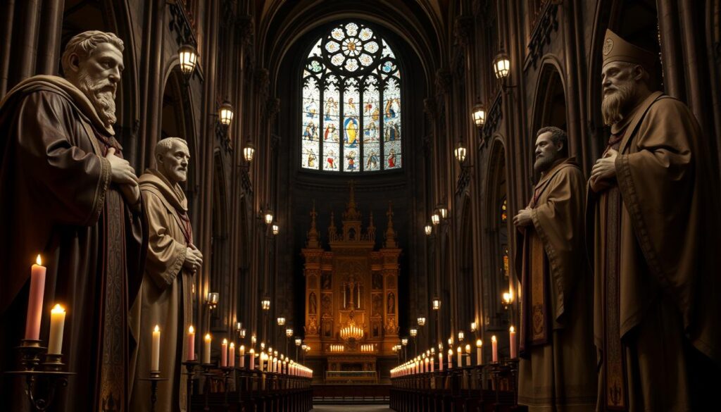 A grand cathedral interior, dimly lit by flickering candles and stained glass. In the foreground, larger-than-life statues of prominent Catholic figures stand resolute, their robes and vestments meticulously detailed. Figures like Thomas Aquinas, Augustine of Hippo, and Ignatius of Loyola gaze sternly, conveying the weight of their theological contributions. In the middle ground, ornate altars and pulpits loom, hinting at the rituals and ceremonies that have unfolded within these hallowed walls. The background fades into shadowy recesses, suggesting the centuries of doctrine and tradition that have shaped the Catholic faith.