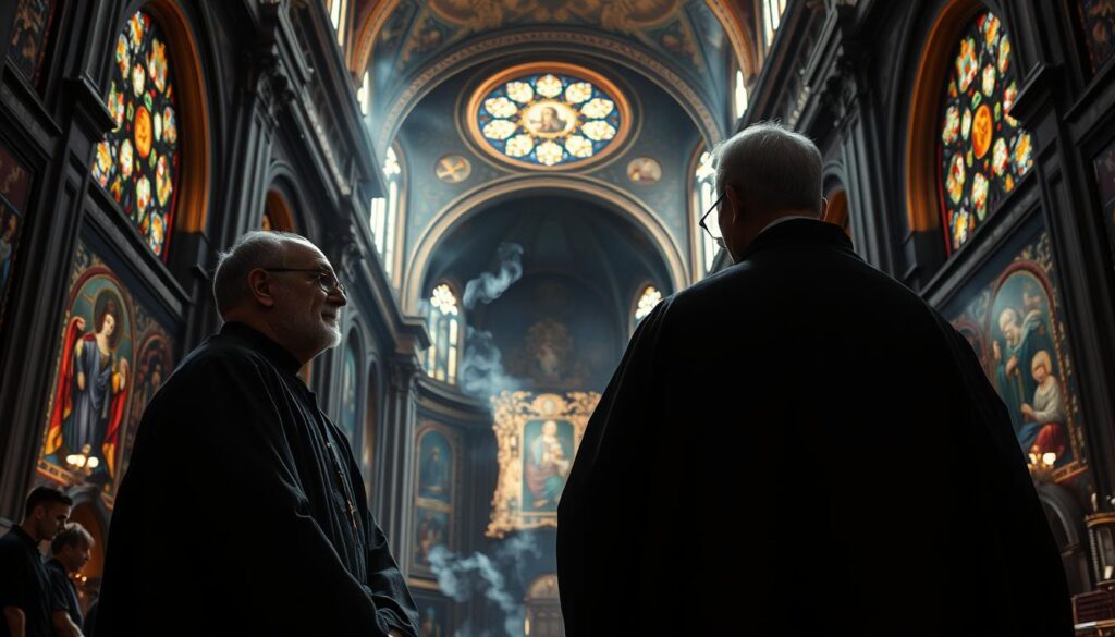 A grand cathedral interior, dimly lit by ornate stained glass windows. In the foreground, two theologians in robed garments stand in deep discussion, their faces etched with intensity. Behind them, the vast space is filled with the rich colors of Byzantine iconography and the soaring arches of Eastern Orthodox architecture. Wisps of incense drift through the air, creating an atmosphere of mysticism and reverence. The lighting is dramatic, casting dramatic shadows and highlighting the gravity of the debate unfolding before us - the Filioque Controversy, a theological rift that has divided the Christian world for centuries.