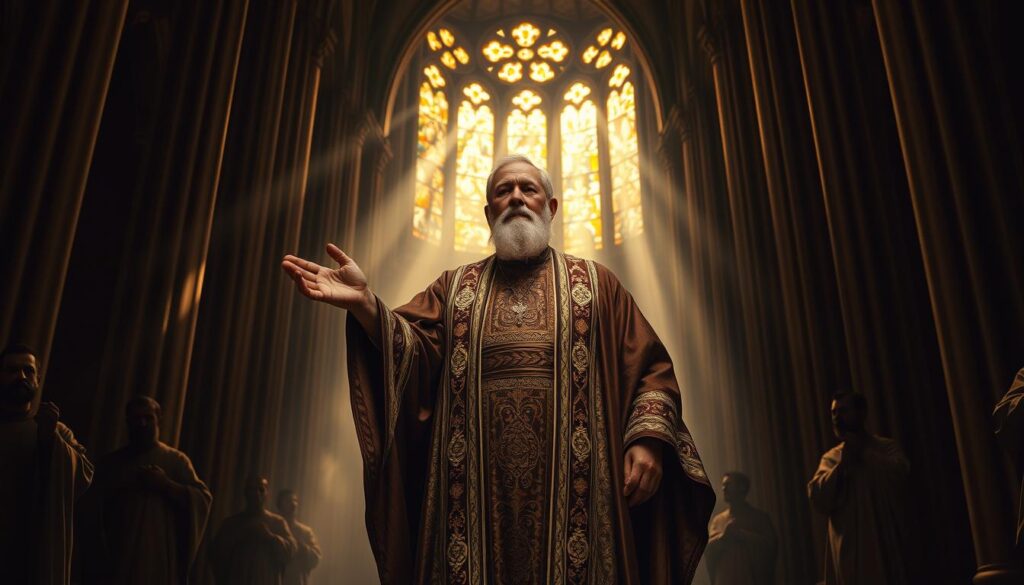 A grand cathedral interior, dimly lit by shafts of golden light streaming through stained glass windows. At the center, an elderly apostle stands in a pose of authority, his outstretched hand and solemn expression commanding attention. Ornate, ecclesiastical robes flow around him, their intricate patterns and textures evocative of the church's historical legacy. Shadowy figures of other apostles flank him, their faces obscured, conveying a sense of reverence and sacred tradition. The architecture looms imposingly, with towering arches and columns that evoke the weight of centuries of Christian faith and doctrine. An atmosphere of solemnity and spiritual gravitas permeates the scene, hinting at the profound historical and biblical foundations of apostolic authority.