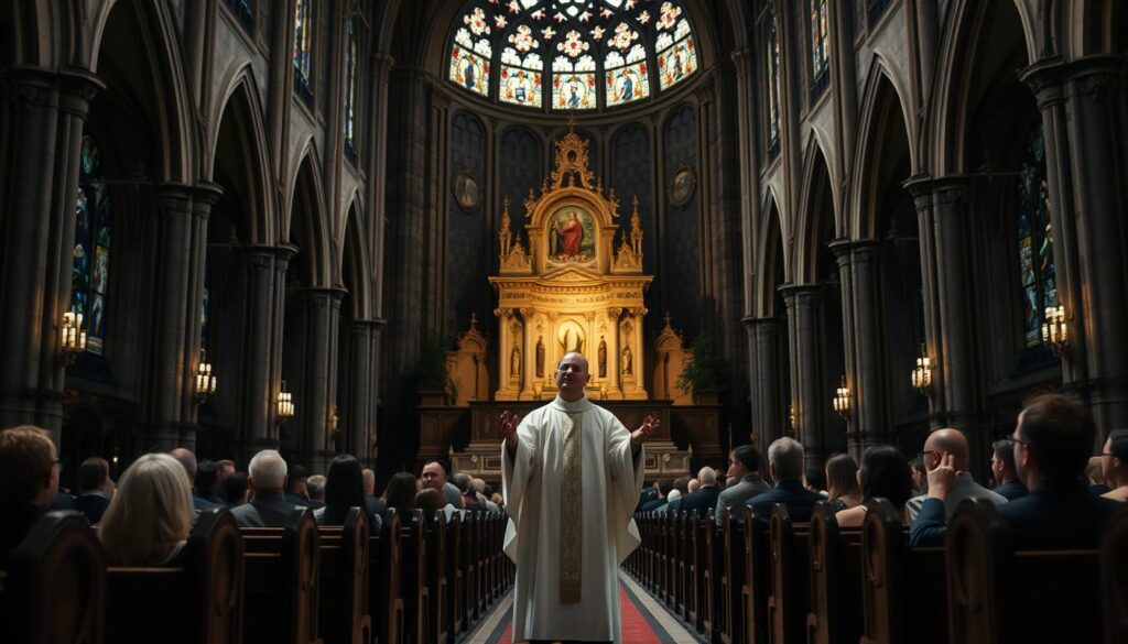 A grand cathedral interior, dimly lit by stained glass windows, casting a reverent atmosphere. In the foreground, a priest stands at a podium, hands extended, conveying the Church's official teachings on the sanctity of life and the moral weight of abortion procedures. Elegant wooden pews fill the middle ground, occupied by a congregation listening intently. The background showcases intricate stone arches and ornate religious iconography, reinforcing the solemnity of the setting. Soft, directional lighting illuminates the scene, highlighting the gravity and importance of the topic being discussed.