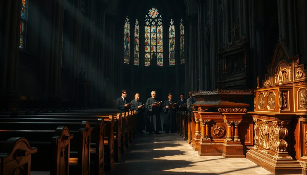 A grand cathedral interior, dimly lit by stained glass windows. Ornate wooden pews and an ornately carved altar dominate the foreground, casting long shadows across the stone floor. In the middle ground, robed figures stand in solemn contemplation, their expressions grave as they pore over ancient tomes and scrolls. The background fades into a hazy, vaulted ceiling, hinting at the weight of centuries of theological discourse on the subject of abortion. The scene conveys a sense of reverence, history, and the gravity of the topic at hand.