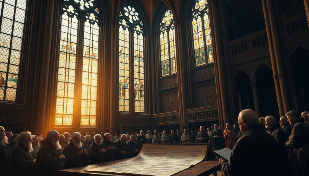 A grand cathedral interior, dimly lit by tall stained-glass windows, casting warm hues across centuries-old stone walls. In the foreground, a gathering of wise, robed figures - the Apostles - intently discussing the development of their shared creed, its words etched in parchment before them. In the middle ground, scribes and scholars pore over ancient texts, tracing the evolution of this foundational Christian doctrine. The background recedes into shadowed alcoves, hinting at the long, complex history that has shaped this iconic statement of faith.