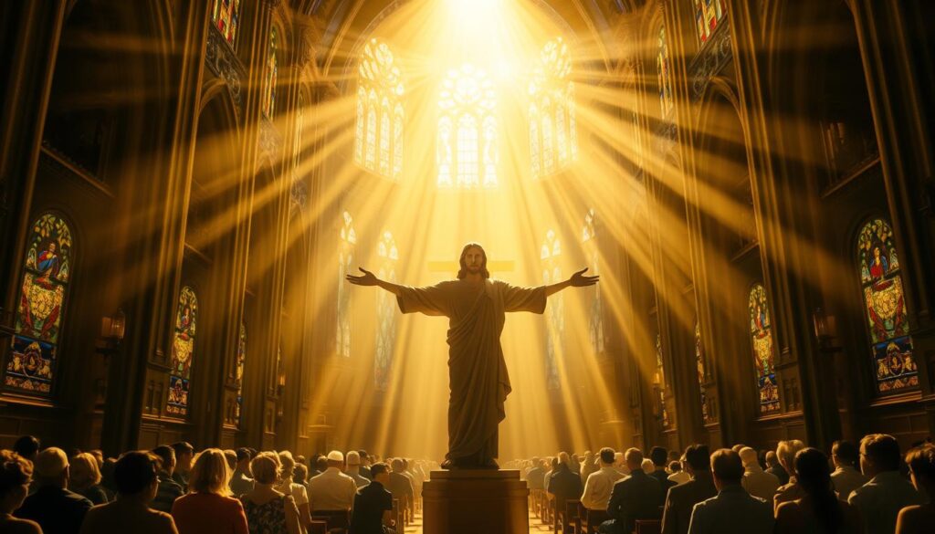 A grand cathedral interior, illuminated by soft, warm light filtering through stained glass windows. In the foreground, a figure of Christ stands, his arms outstretched in a gesture of grace and redemption. Swirling around him, golden rays of sanctifying grace descend from above, radiating a sense of divine presence. In the middle ground, kneeling worshippers bask in the glow, their faces reflecting a mixture of reverence and gratitude. The background is filled with ornate architectural details, evoking the rich tradition and history of Catholic theology. The overall scene conveys a profound sense of spiritual transformation, where sin is vanquished, and the soul is restored through the power of God's grace.