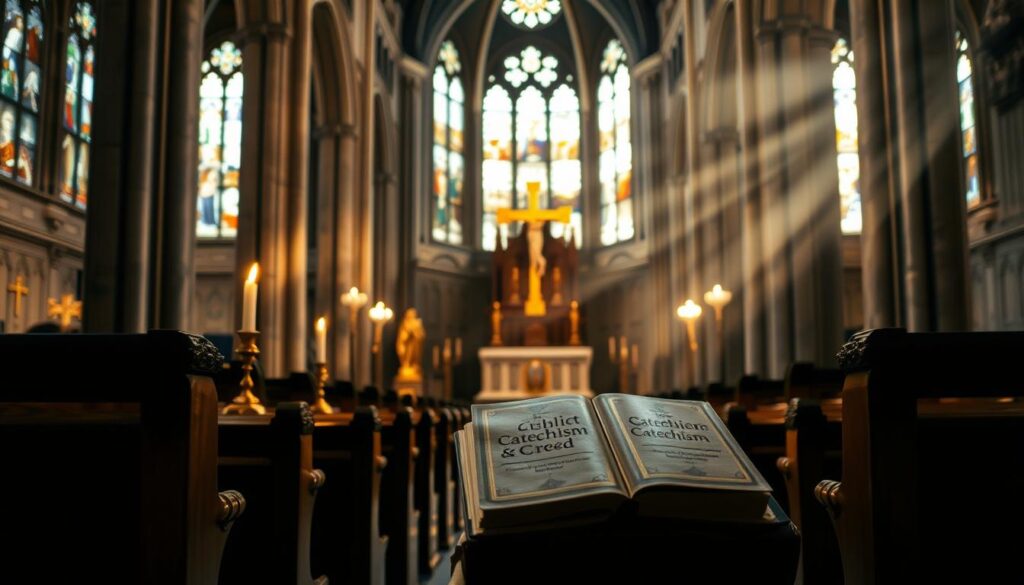 A grand cathedral interior, illuminated by soft, warm lighting filtering through stained glass windows. In the foreground, an ornate altar adorned with religious iconography - a golden cross, flickering candles, and a leather-bound book of Catholic catechism and creeds. In the middle ground, rows of sturdy wooden pews facing the altar, conveying a sense of reverence and devotion. The background features towering stone columns and arched ceilings, creating an atmosphere of grandeur and spirituality. The overall mood is one of solemn contemplation, inviting the viewer to reflect on the foundations of the Catholic faith.