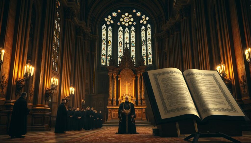 A grand cathedral interior, illuminated by soft, warm lighting. The ornate altar and stained glass windows stand in the foreground, casting a reverent ambiance. In the middle ground, a group of robed figures, their faces obscured, engage in a solemn ritual. The background reveals a massive, ornate book, its pages open, symbolizing the canon law that governs the Catholic Church's relationship with the secretive world of Freemasonry. The scene evokes a sense of tension and introspection, reflecting the complex interplay between the sacred and the esoteric.