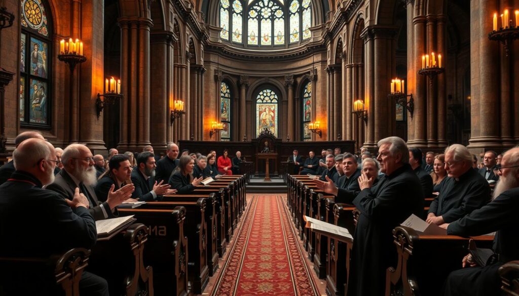 A grand cathedral interior, illuminated by warm candlelight and stained glass windows. In the foreground, a panel of theologians engrossed in a heated debate, gesturing animatedly as they delve into the intricacies of predestination. The middle ground features ornate wooden pews, where scholars and clerics listen intently, their faces etched with contemplation. In the background, towering columns and arches lend an air of solemnity and grandeur, hinting at the rich historical tapestry of this theological discourse. The scene evokes a sense of intellectual rigor and spiritual gravitas, capturing the essence of the "Historical Perspectives on Predestination".