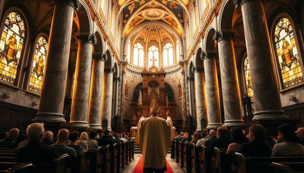 A grand cathedral interior, illuminated by warm, golden light filtering through stained glass windows. Towering marble columns support a lofty ceiling adorned with intricate religious frescoes. In the foreground, a scene of ecclesiastical authority - a bishop, resplendent in ornate vestments, stands at an ornate, gilded altar, his hands raised in benediction. Flanking him, rows of wooden pews filled with kneeling figures, their expressions solemn and reverent. The atmosphere is one of profound spiritual significance, a tangible embodiment of the weight and gravitas of Catholic tradition.