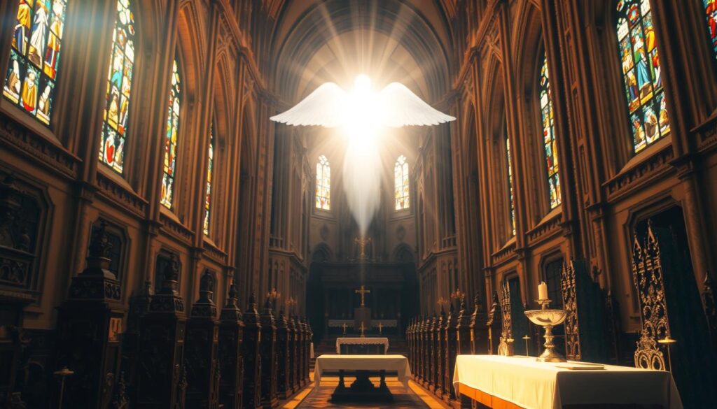A grand cathedral interior, illuminated by warm, golden light filtering through stained glass windows. In the foreground, a glowing, ethereal presence representing the Holy Spirit hovers above the altar, casting a divine radiance upon the sacred sacraments below - the bread and wine of Communion, the baptismal font, and other symbolic objects. The middle ground features ornate, carved pews and intricate architectural details, conveying a sense of timeless reverence. In the background, the vaulted ceiling and distant apse recede into shadows, evoking a transcendent, mystical atmosphere. The scene exudes a profound spiritual essence, capturing the foundational role of tradition, sacraments, and the Holy Spirit within the Catholic faith.