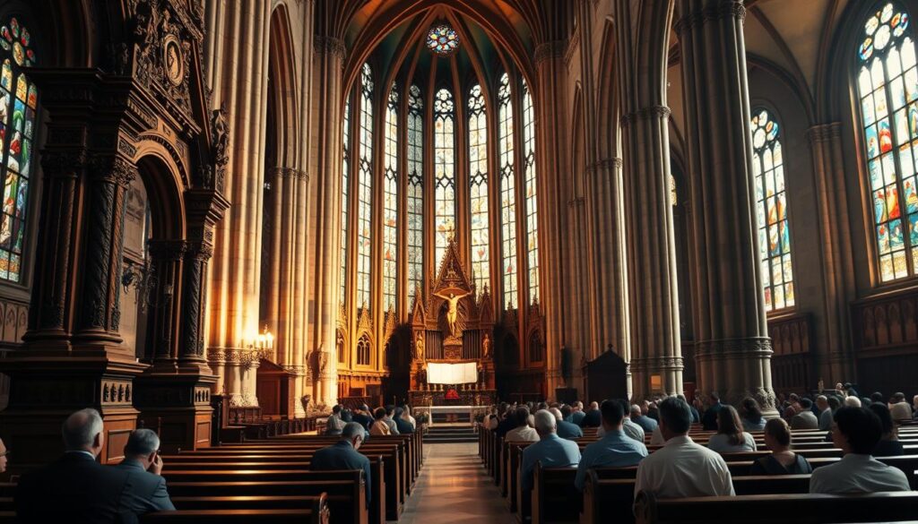 A grand cathedral interior, illuminated by warm, soft lighting filtering through stained glass windows. In the foreground, an ornate altar with intricate carvings and a large, central crucifix. On the altar, a golden chalice and holy scriptures, symbolic of the Eucharist and the teachings of the Nicene Creed. In the middle ground, rows of wooden pews and kneeling worshippers, heads bowed in reverent contemplation. The background features towering stone columns, arched ceilings, and a sense of timeless, sacred grandeur, evoking the rich tradition and enduring faith of the Catholic Church.