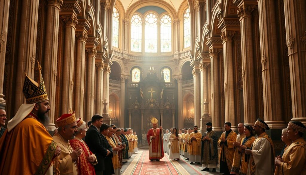 A grand cathedral interior in the ancient Assyrian architectural style, illuminated by soft, warm lighting from high stained-glass windows. In the foreground, the Catholicos-Patriarch of the Assyrian Church of the East presides over a solemn council of bishops and clergy, their ornate robes and vestments reflecting the church's rich heritage. The middle ground features a processional of deacons and acolytes, carrying sacred symbols and relics. The background depicts intricate, carved stone columns and arches, conveying the timeless grandeur and tradition of this venerable Eastern Christian institution.