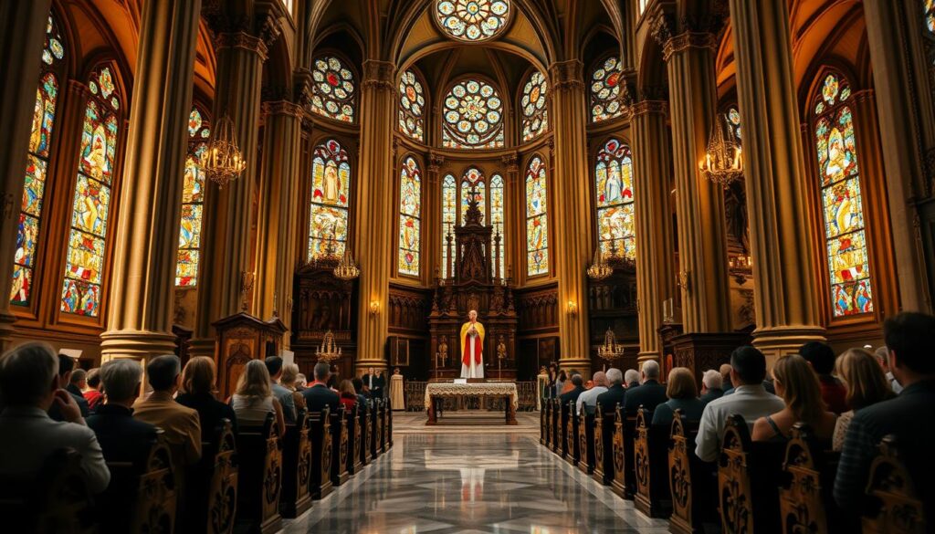 A grand cathedral interior, its ornate architecture bathed in warm, reverent lighting. Stained glass windows cast kaleidoscopic patterns across the polished marble floors. In the foreground, a priest in ceremonial robes stands at an ornate, gilded altar, delivering a sermon on the sanctity of marriage. Carved wooden pews flank the central aisle, occupied by worshippers listening intently, their faces reflecting the solemnity of the occasion. The background depicts towering, vaulted ceilings supported by towering columns, creating an atmosphere of timeless tradition and spiritual grandeur.