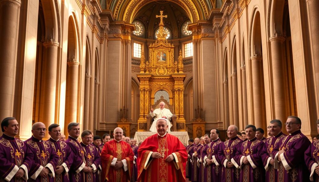A grand cathedral interior, its soaring arches and ornate columns bathed in warm, golden light. In the foreground, a procession of clergy in richly embroidered vestments, their faces solemn and reverent. At the center, a Cardinal in a crimson robe, flanked by Bishops in violet, their miters gleaming. Behind them, a massive golden throne, where the Pope, in white and gold, presides over the hierarchy with an air of authority and divine right. The scene exudes a sense of tradition, power, and the unwavering spiritual leadership of the Catholic Church.