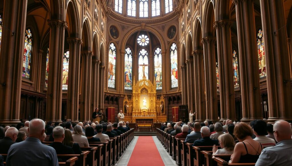A grand cathedral interior, its soaring arches and ornate columns casting warm, golden light across the pews. Stained glass windows filter brilliant hues, illuminating intricate religious iconography and statues of revered saints. At the altar, an ornate tabernacle and crucifix stand as symbols of Catholic doctrine and sacramental life. Worshippers kneel in reverence, their faces tranquil, hands clasped in prayer. The atmosphere is one of sacred solemnity, inviting contemplation of the church's longstanding beliefs and traditions.