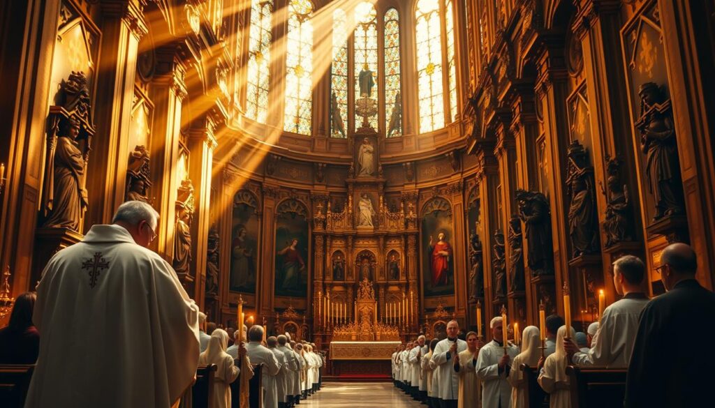 A grand cathedral interior, ornate and majestic, bathed in warm golden light from stained glass windows. In the foreground, a priest in ceremonial robes presides over the Eucharist, the sacramental bread and wine. Behind him, a procession of altar servers carrying candles and crosses leads worshippers towards the altar. Statues of saints, intricate carvings, and tapestries adorn the walls, creating an atmosphere of reverence and tradition. Rays of light stream through the windows, casting a serene and spiritual ambiance over the scene. A sense of timelessness and the enduring legacy of Catholicism permeates the image.