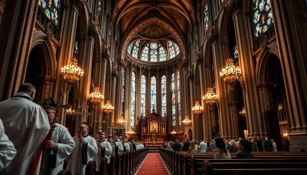 A grand cathedral interior, ornate and majestic, with intricate stained glass windows illuminating the space. In the foreground, a procession of robed clergy, their faces solemn and commanding, carrying ornate crosses and candles, symbolizing the weight of tradition and authority. The middle ground features rows of wooden pews, filled with worshippers in reverent poses, their gaze fixed on the altar. The background showcases the towering, vaulted ceilings, adorned with intricate carvings and religious iconography, conveying a sense of timelessness and the enduring power of the church. The lighting is soft and warm, casting a spiritual ambiance throughout the scene.