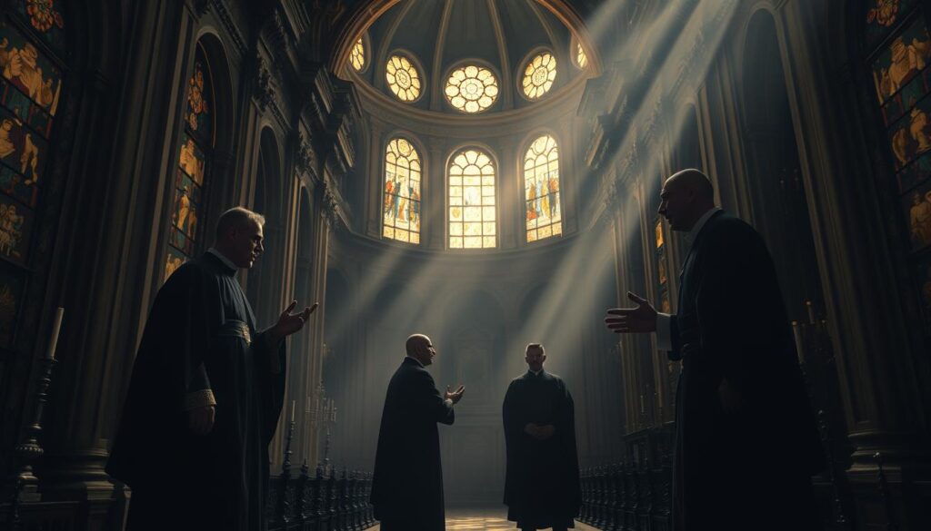 A grand cathedral interior, ornate and reverential, dimly lit by shafts of golden light streaming through stained glass windows. At the center, two robed figures stand in animated debate, their gestures and expressions conveying the weight of the filioque controversy - the dispute over the procession of the Holy Spirit, a theological divide between Eastern Orthodox and Catholic Christianity. The background is shrouded in mysterious shadows, evoking the profound spiritual and historical significance of this schism. The scene is rendered with a sense of solemn gravity, inviting the viewer to ponder the complexities of this enduring theological dispute.