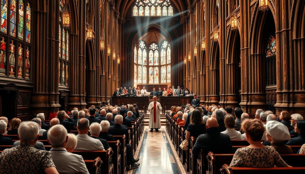 A grand cathedral interior, stained glass windows casting warm hues onto the ornate pews and marble floors. In the foreground, a diverse congregation of worshippers - from young families to elderly parishioners - seated in quiet contemplation. The middle ground features a priest delivering a sermon, his robes flowing as he gestures with reverence. In the background, a choir sings hymns that echo through the vaulted ceilings, their voices carried on beams of heavenly light. The scene conveys a sense of timeless tradition, as well as an evolving community embracing contemporary practices and demographics within the enduring framework of English Catholicism.