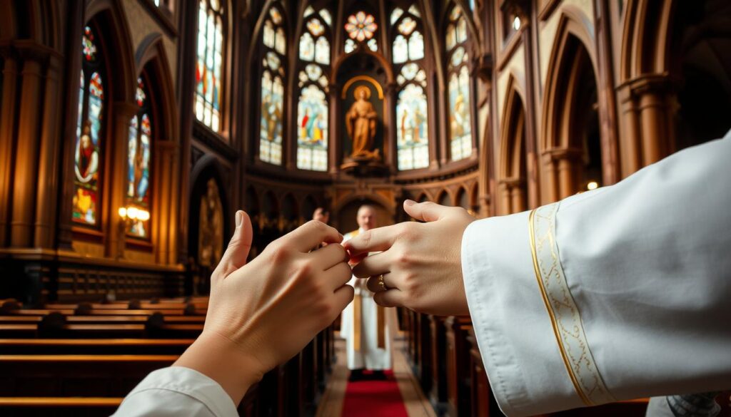 A grand cathedral interior, stained glass windows casting warm light upon ornate wooden pews. In the foreground, a pair of hands clasped in prayer, adorned with a golden wedding band. In the middle ground, a priest stands solemnly, holding a ceremonial tome, speaking the sacred vows of holy matrimony. The background depicts intricate religious iconography, tapestries, and archways, conveying the timeless traditions and doctrines of the Catholic Church. The scene exudes a reverent, contemplative atmosphere, capturing the solemn significance of the sacrament of marriage within the Catholic faith.