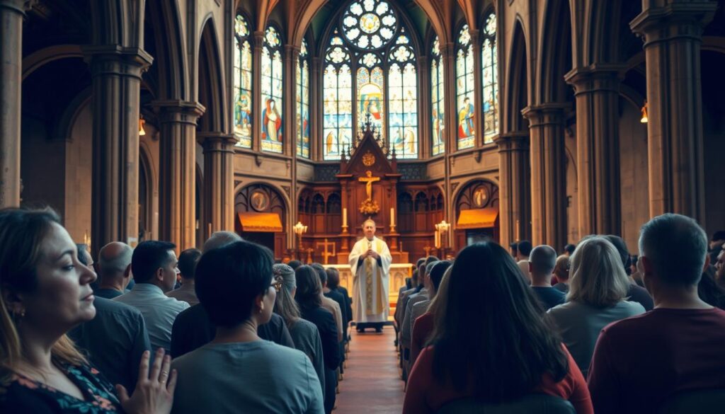 A grand cathedral interior, stained glass windows casting warm, reverent light upon a gathering of people. In the foreground, individuals with pensive expressions, eyes closed in deep contemplation, hands clasped in prayer. In the middle ground, a priest standing at an ornate altar, gesticulating with solemn authority. In the background, rows of wooden pews and the towering arched ceilings, conveying a sense of timeless tradition and spiritual transcendence. The scene evokes the power of faith, the transformative journey of conversion, and the solace found within the embrace of the Catholic Church.