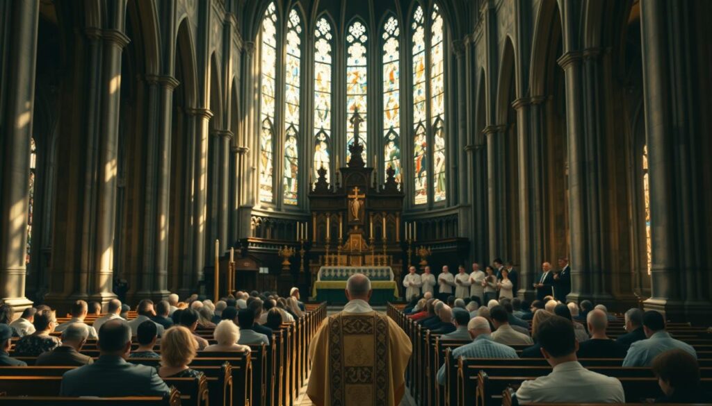 A grand cathedral interior, sunlight streaming through stained glass windows, illuminating rows of wooden pews. In the foreground, a priest in ornate vestments presides over a solemn mass, surrounded by kneeling parishioners deep in prayer. The middle ground features an ornate altar adorned with candles, crucifixes, and religious iconography. In the background, a choir sings hymns, their voices echoing through the cavernous space. The atmosphere is one of reverence, contemplation, and timeless tradition.