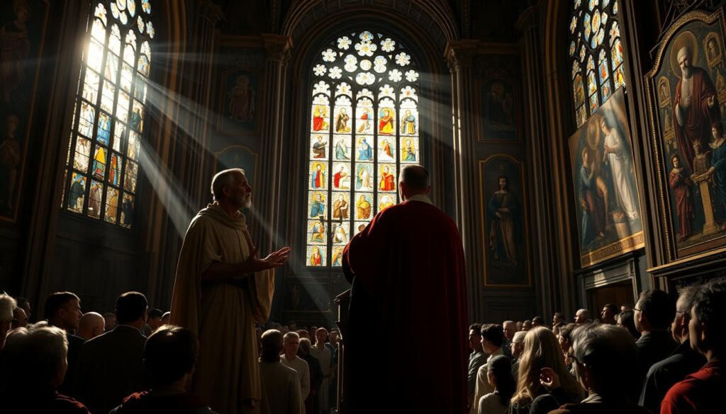 A grand cathedral interior, sunlight streaming through stained glass windows. In the foreground, St. Paul stands at a podium, gesturing emphatically as he addresses a gathered congregation. Intricate religious iconography adorns the walls, casting a somber, reverent atmosphere. The audience, rapt and attentive, leans in to hear Paul's teachings on the rite of circumcision and its role in the new Christian faith. Dramatic chiaroscuro lighting highlights the solemn intensity of the scene, inviting the viewer to ponder the historical significance of this pivotal moment in the shaping of Catholic doctrine.