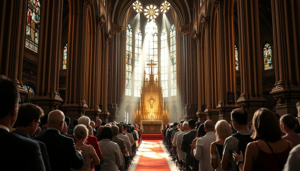 A grand cathedral interior, sunlight streaming through stained glass windows. In the foreground, a congregation of worshippers kneeling reverently, their hands clasped in prayer. Their expressions convey a sense of deep devotion. In the middle ground, altar servers and clergy perform the sacred rites, their vestments and movements elegant and solemn. The background showcases the grandeur of the architecture, with ornate columns, vaulted ceilings, and intricate religious iconography. The scene is bathed in a warm, ethereal light, evoking a profound and contemplative atmosphere.