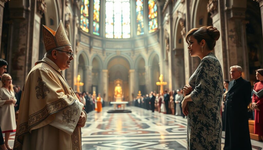 A grand cathedral interior, the light streaming through stained glass windows, casting a kaleidoscope of colors upon the ornate marble floors. In the foreground, an ornately-robed cardinal stands in conversation with a fashionably-dressed socialite, their gestures animated as they engage in a dynamic dialogue, bridging the sacred and the secular. The background is filled with the hushed reverence of worshippers, their gaze transfixed by the grandeur of the space. Soft chiaroscuro lighting adds a sense of reverence and contemplation, while the juxtaposition of the opulent attire and sacred setting creates a striking visual tension, reflecting the fusion of faith and fashion.