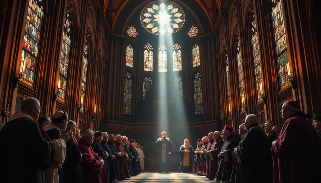 A grand cathedral interior, the soaring arches and stained glass windows casting a warm, reverent glow. At the center, a panel of robed figures - bishops, scholars, and theologians - engaged in deep discussion, their faces etched with the weight of their deliberations. The air is thick with the hush of contemplation, as the council's decisions shape the future of the faith. In the shadows, the specters of heresy loom, their influence felt through the intensity of the debate. A single beam of light pierces the gloom, illuminating the gravity of the moment - the impact of these councils, etched in history.