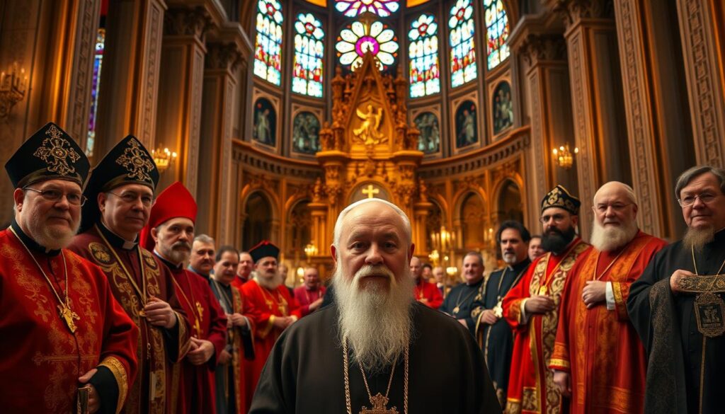 A grand cathedral interior, warm lighting illuminating a solemn gathering of Eastern Catholic leaders. In the foreground, a venerable patriarch in ceremonial vestments, his face serene and dignified. Flanking him, major archbishops and eparchs adorned in rich robes of crimson, gold, and purple, their expressions pious and contemplative. The middle ground reveals a majestic altar, carved with intricate religious symbols, while the background showcases ornate iconostasis and stained-glass windows casting a kaleidoscope of colored light. An atmosphere of reverence and spiritual authority pervades the scene, capturing the essence of Eastern Catholic leadership.