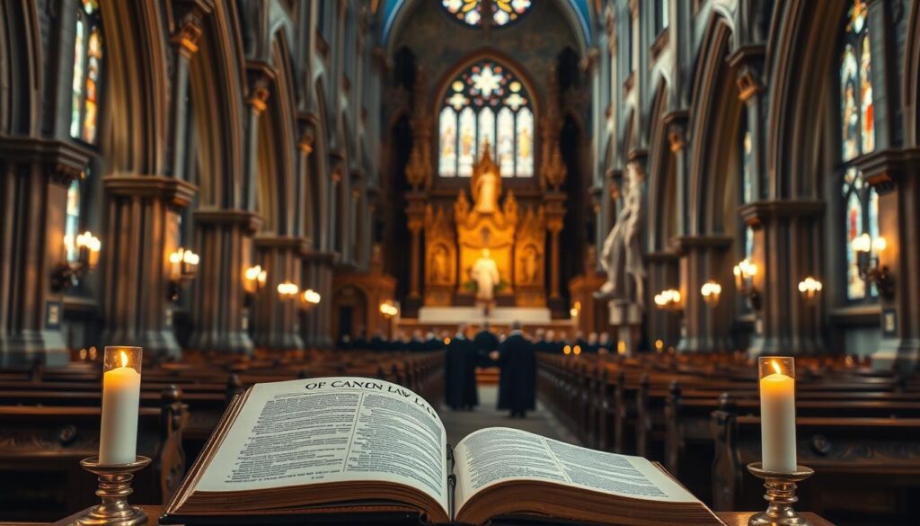 A grand cathedral interior with intricate Gothic architecture, illuminated by warm candlelight. In the foreground, a lectern displaying an open tome of canon law, its pages ornately illustrated. Behind it, a panel of robed figures engaged in solemn discussion, representing the hierarchy of the Catholic Church. The middle ground reveals ornate wooden pews and stained-glass windows, casting a soft, reverent glow. In the background, a towering altar with detailed carvings and statues, symbolizing the spiritual foundation of canon law. The overall scene conveys a sense of timeless tradition, erudition, and the weight of ecclesiastical authority.