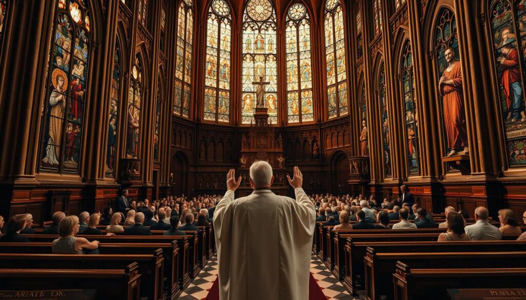 A grand cathedral interior, with intricate stained glass windows casting a warm, reverent glow. In the foreground, a priest stands at an ornate pulpit, hands raised in a gesture of wisdom and authority. Behind him, rows of wooden pews fill the nave, occupied by a congregation listening intently. The walls are adorned with ornate religious iconography, reinforcing the solemnity of the space. Dramatic lighting from above casts dramatic shadows, adding a sense of gravitas to the scene. The overall atmosphere is one of solemnity, contemplation, and the weight of the church's teachings on the complex issue of abortion.