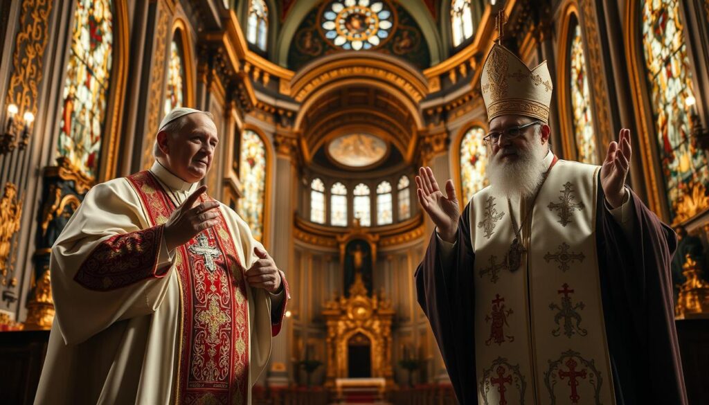 A grand cathedral interior, with ornate golden altars and intricate stained glass windows. In the foreground, two figures stand in contrast - a Pope in elaborate robes, gesturing authoritatively, and an Orthodox bishop in simpler vestments, his hands raised in a more humble stance. Soft, directional lighting illuminates the scene, casting dramatic shadows and highlighting the power dynamics between the two spiritual leaders. The overall atmosphere is one of solemn reverence, underscoring the significance of the ecclesiastical authority represented.