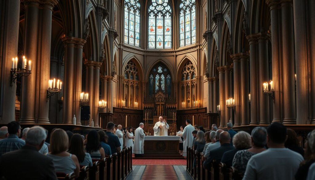 A grand cathedral interior with ornate gothic architecture, stained glass windows, and intricate stone carvings. In the foreground, a group of worshippers gathered around an altar, participating in a solemn Catholic liturgy. Priests in flowing robes perform sacred rituals, holding chalices and sacramental breads. Soft, warm lighting from candles and chandeliers casts a reverential glow, creating an atmosphere of reverence and spirituality. In the background, rows of wooden pews and kneeling parishioners engaged in quiet prayer and contemplation. The scene conveys the timeless traditions and profound symbolism of Catholic sacraments and practices.