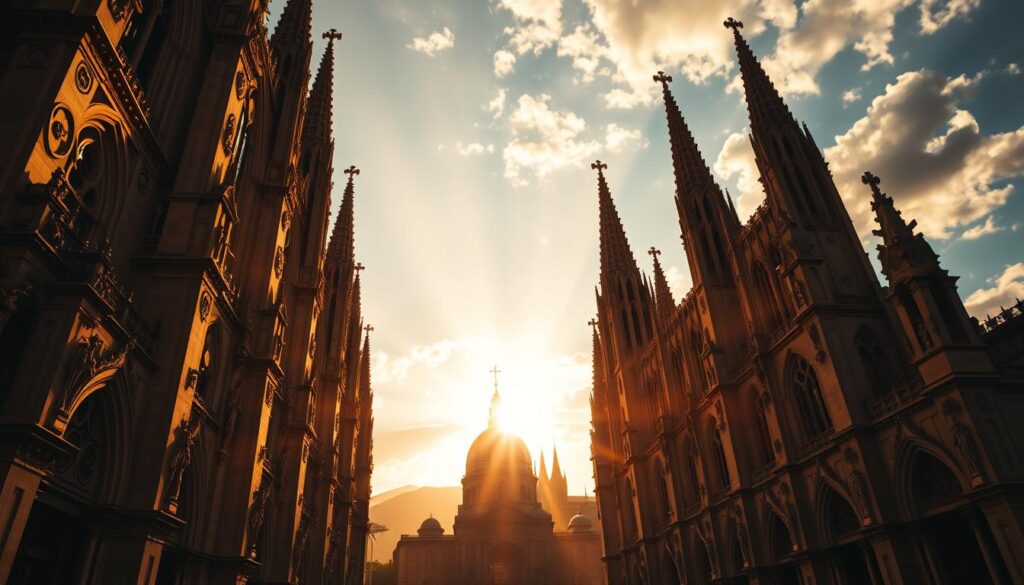 A grand cathedral, its spires reaching skyward, bathed in the warm glow of golden-hour sunlight. The ornate facade and stained-glass windows reflect the sacred splendor within. In the foreground, a shallow depth of field highlights the intricate carvings and statues, drawing the viewer's eye inward. The middle ground reveals the vast, awe-inspiring interior, where sunbeams pierce the shadows, illuminating the reverent silence. In the background, other iconic holy sites dot the landscape, their silhouettes framed against a dramatic, cinematic sky. This high-definition, cinematic vision captures the essence of Catholicism's timeless, transcendent beauty.