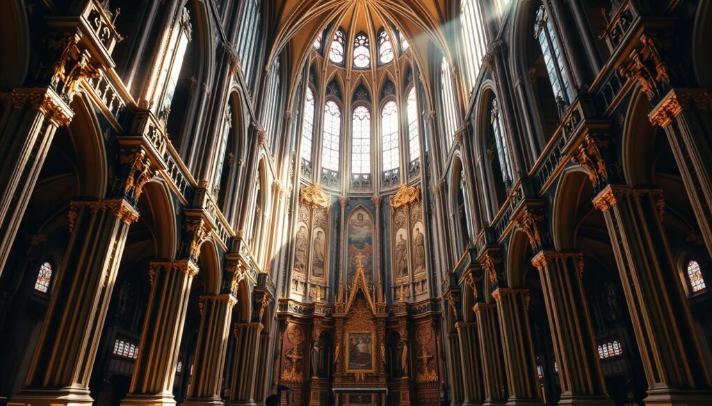 A grand cathedral, its towering spires reaching skyward, stands as a testament to the enduring legacy of Catholic theological history. Sunlight filters through stained glass windows, casting a warm, reverent glow upon the ornate, gilded interior. Elegant columns and intricate carvings adorn the walls, each detail a manifestation of centuries of faith, contemplation, and spiritual exploration. In the center, an altar serves as the focal point, a sacred space where the mysteries of the faith are celebrated. The scene evokes a sense of timelessness, a connection to the rich tapestry of Catholic tradition that has shaped the spiritual and intellectual landscape for generations.