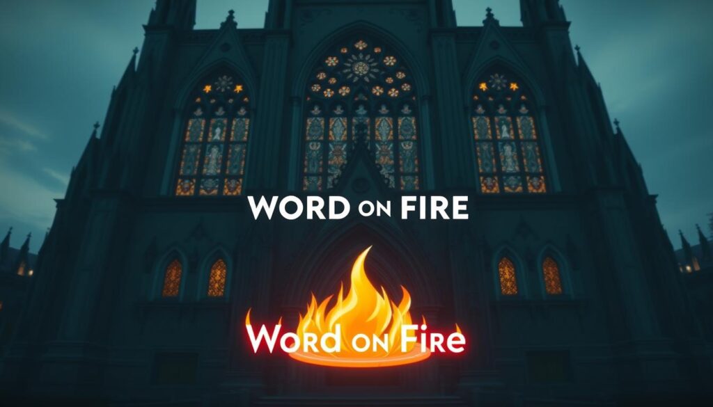 A grand cathedral-like structure stands proud, its facade adorned with intricate Gothic-inspired motifs. Stained glass windows shimmer, casting a warm, ethereal glow upon the digital landscape. In the foreground, a glowing, fiery representation of the Word on Fire logo hovers, its flames dancing and flickering, symbolizing the dynamic digital outreach of this Catholic ministry. The scene exudes a sense of reverence, tradition, and technological innovation, reflecting the essence of Word on Fire's mission to spread the Catholic faith in the digital age.