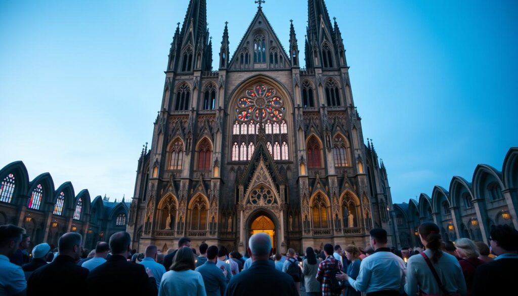 A grand cathedral of Roman Catholic architecture stands tall, its towering spires reaching towards the heavens. Intricate stone carvings and stained glass windows adorn the facade, casting a warm, reverent glow. In the foreground, devout worshippers kneel in prayer, their faces illuminated by flickering candles. The middle ground reveals ornate altars and religious iconography, while the background showcases the church's expansive interior, filled with ornate columns and vaulted ceilings. The scene evokes a sense of history, tradition, and the enduring spiritual influence of the Roman Catholic Church across England and beyond.