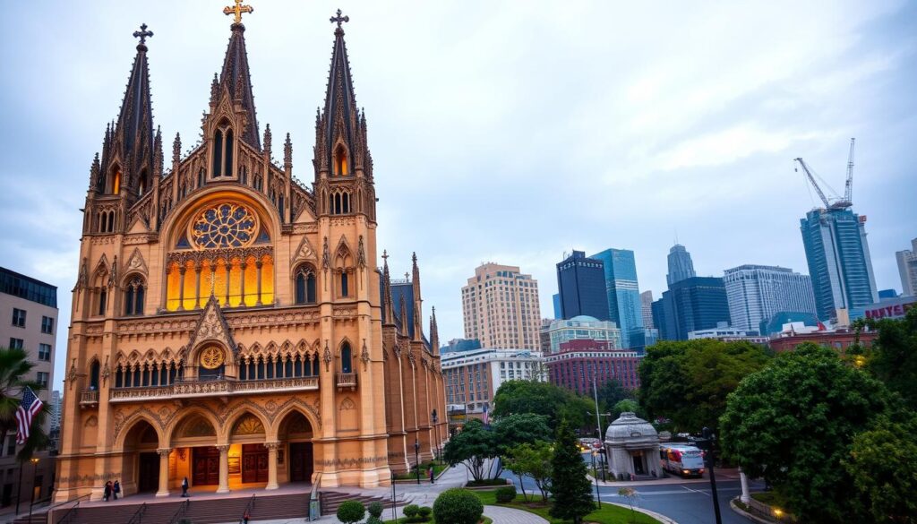 A grand cathedral standing tall, its spires and domes reaching towards the heavens. Intricate facades adorned with ornate carvings and stained glass windows that cast a warm, reverent glow. In the foreground, a grand entryway with towering columns and arched doorways, inviting visitors to enter and bask in the sacred ambiance. The middle ground features lush greenery and well-manicured gardens, complementing the timeless elegance of the architectural masterpiece. In the background, a cityscape of modern skyscrapers and bustling streets, a testament to the lasting influence of Catholic heritage in the United States. Soft, directional lighting illuminates the scene, creating a sense of awe and reverence.