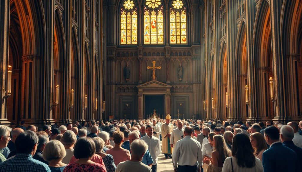 A grand cathedral stands, its ornate facade bathed in warm, golden light streaming through stained glass windows. In the foreground, a group of parishioners gather, their faces alight with reverence as they converse and embrace, forming a vibrant tapestry of faith and community. The middle ground reveals a procession of clergy, their ceremonial robes and crosses carried with solemn dignity. In the background, the towering spires reach towards the heavens, a testament to the enduring spirit of this sacred place. The overall scene evokes a sense of timeless tradition, where the act of worship and the bonds of community converge, creating a profound atmosphere of devotion and belonging.