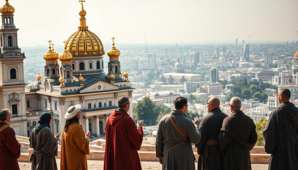 A grand cathedral stands tall, its golden domes and ornate facades reflecting the intermingling of Eastern and Western traditions. In the foreground, robed figures engage in animated discussion, their gestures conveying the exchange of ideas and beliefs. The scene is bathed in warm, diffused light, evoking a sense of timeless contemplation. In the distance, a bustling city skyline hints at the wider context of this cultural crossroads, where the paths of East and West have converged. The composition captures the spirit of discovery, the clash of civilizations, and the search for common ground in this pivotal moment of history.
