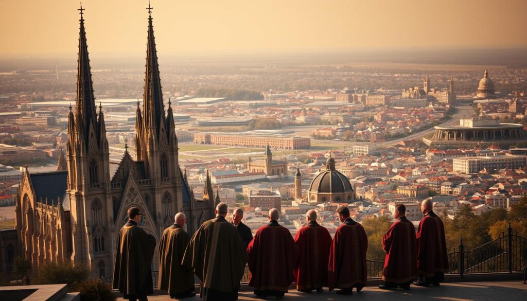 A grand cathedral stands tall, its gothic spires reaching towards the heavens. In the foreground, a group of priests in ornate robes gather, discussing the intricate workings of the American diocesan system. The middle ground reveals a sprawling network of churches, each a beacon of faith within their respective communities. In the background, a cityscape of bustling urban centers and quaint rural towns, all bound by the unifying presence of the Catholic Church. Soft, warm lighting casts a reverent glow, conveying the solemn yet vital role of this ecclesiastical hierarchy in shaping the spiritual and social fabric of the United States.